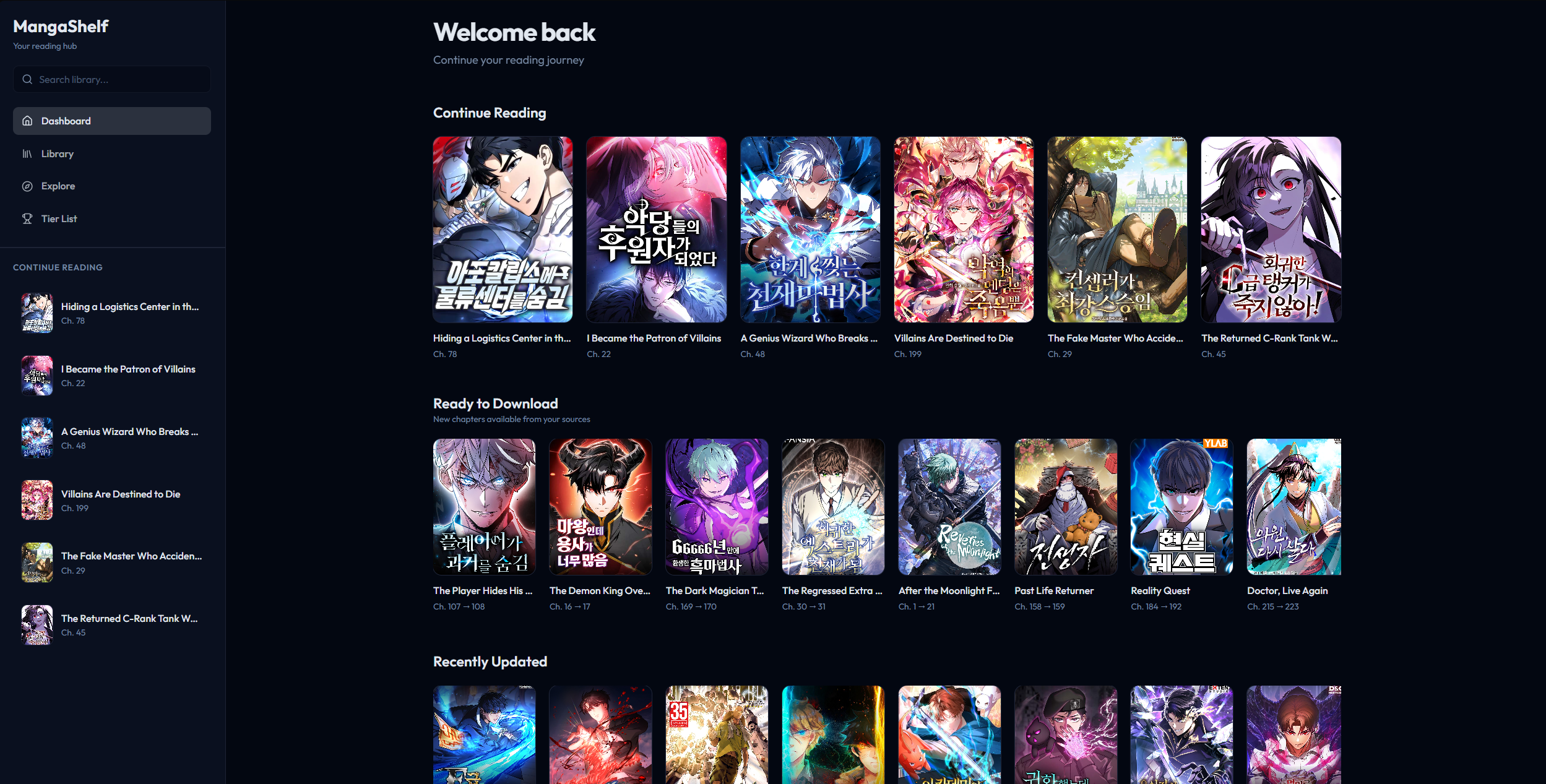 MangaShelf dashboard showing continue reading, ready to download, and recently updated sections