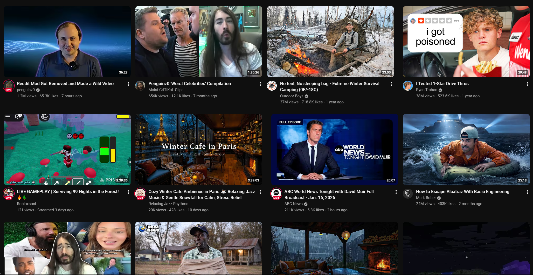Like counts displayed inline on YouTube's home feed